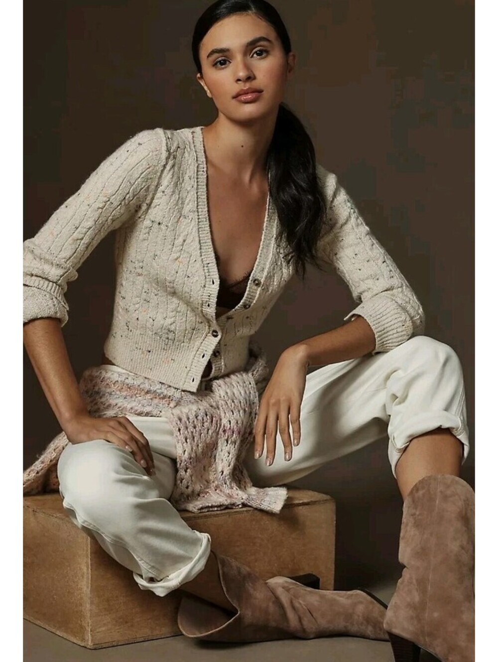 Anthropologie Pilcro Medium Diana Cropped Cable Knit Cardigan Cream Speckled